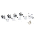 A set of four chrome bass guitar tuning machine heads with bushings and screws on a white background.