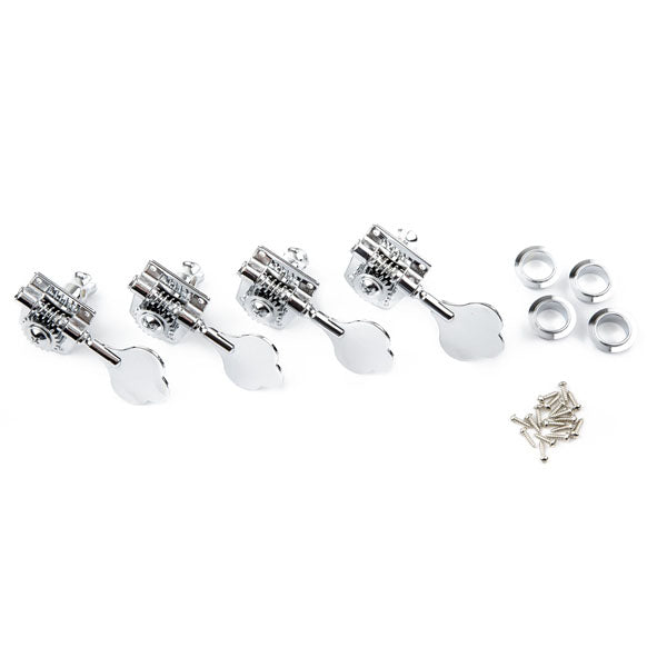 A set of four chrome bass guitar tuning machine heads with bushings and screws on a white background.