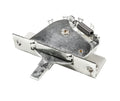 Silver metal mechanical lever switch with spring and mounting plate on a white background.
