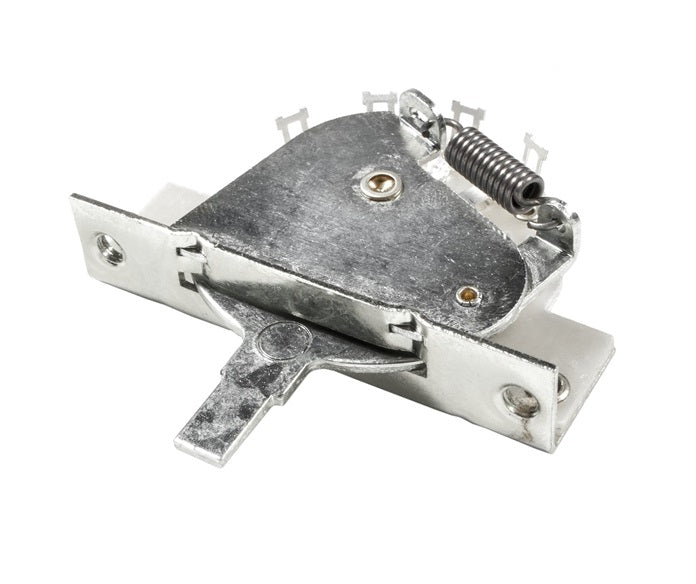 Silver metal mechanical lever switch with spring and mounting plate on a white background.
