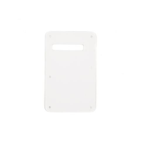 White rectangular plastic guitar backplate with a rectangular cutout and six screw holes.