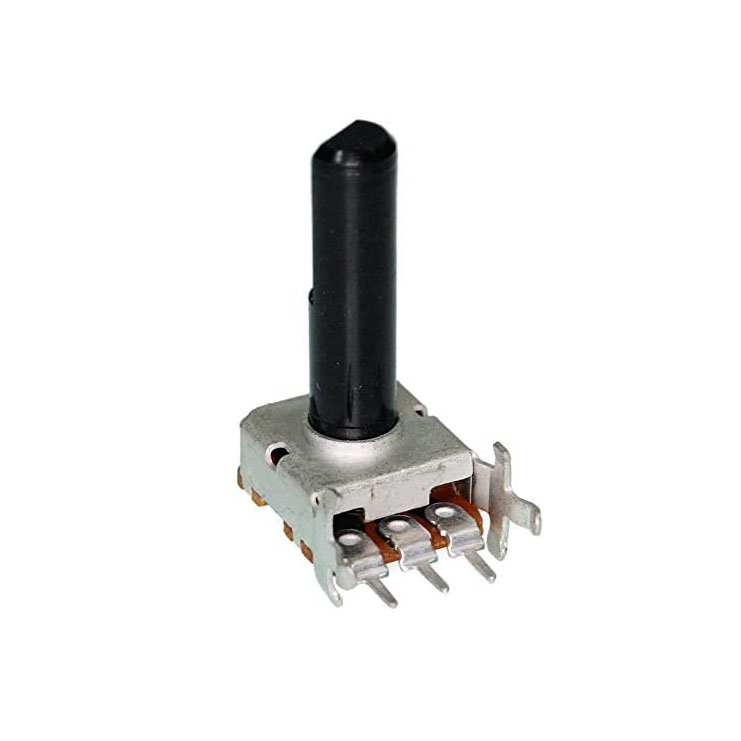 Close-up of a small rotary potentiometer with black shaft and multiple terminal pins on a white background.