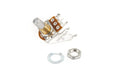 Single rotary potentiometer with metal shaft, hex nut, and washer on white background.
