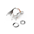 Metal potentiometer with three solder lugs, metal shaft, washer, and hex nut on white background.