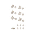 Set of six silver guitar tuning pegs with six bushings and six screws on white background.