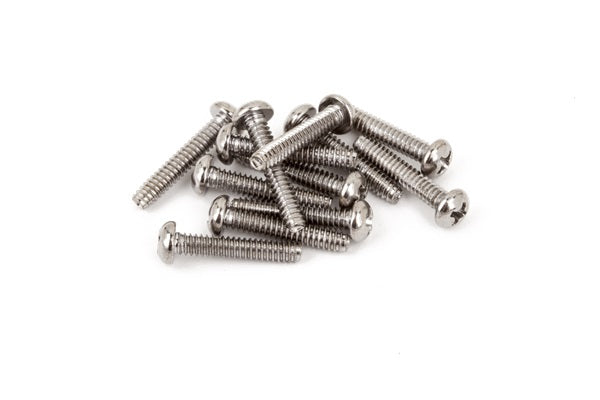 A pile of 12 silver metal screws with round heads on a white background.
