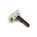 Single metal and plastic potentiometer with three pins and a black rotary shaft.