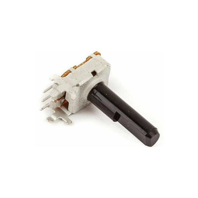 Single metal and plastic potentiometer with three pins and a black rotary shaft.