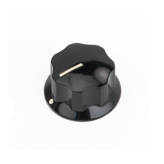 Black plastic control knob with a white indicator line and a dot on the base, photographed on a white background.