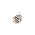 Small rotary potentiometer with six solder lugs on a brown circuit board base and a silver shaft.