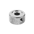 Chrome metal control knob with knurled sides and a center hole with a side screw hole.