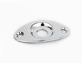 Chrome metal jack plate with two screw holes and a central circular connector opening.