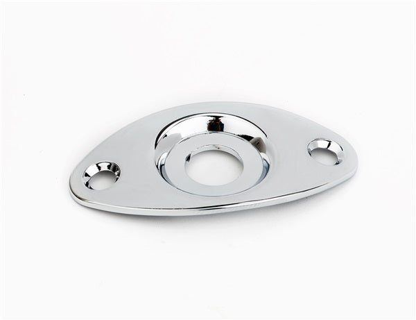 Chrome metal jack plate with two screw holes and a central circular connector opening.