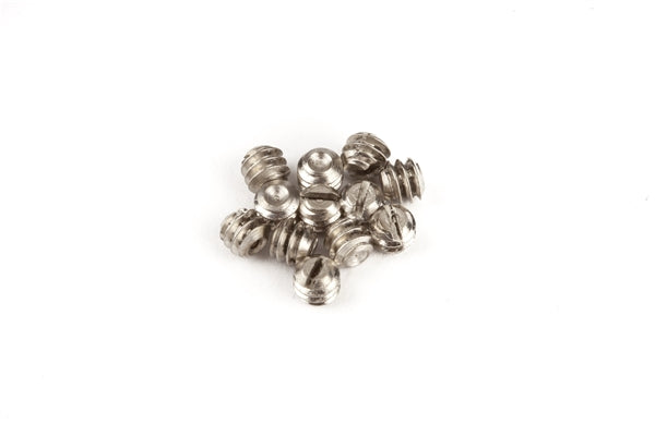 A small pile of silver metallic slotted mounting screws on a white background.