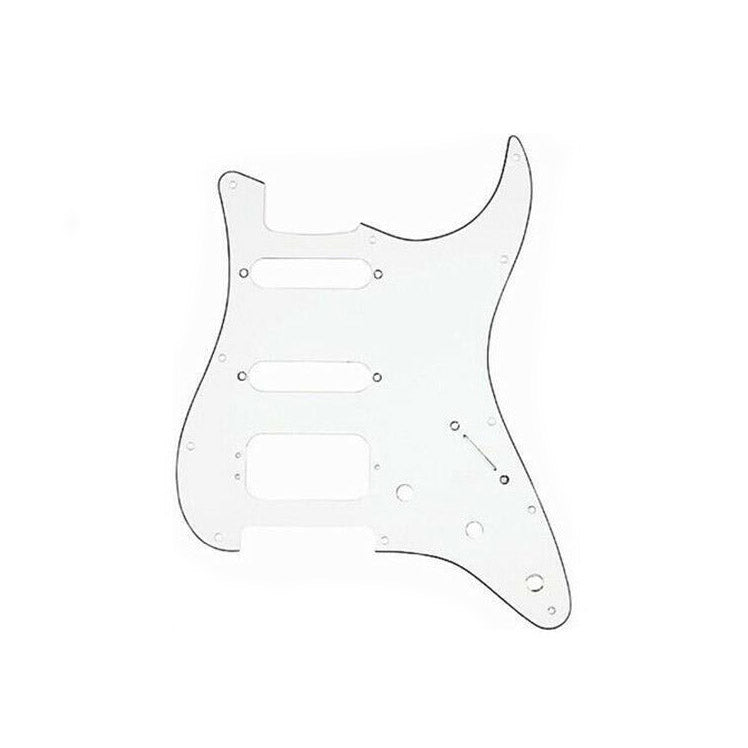 White guitar pickguard with 11 mounting holes and cutouts for three pickups.
