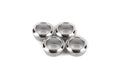Four silver metal circular bushings for machine tuners on a white background.