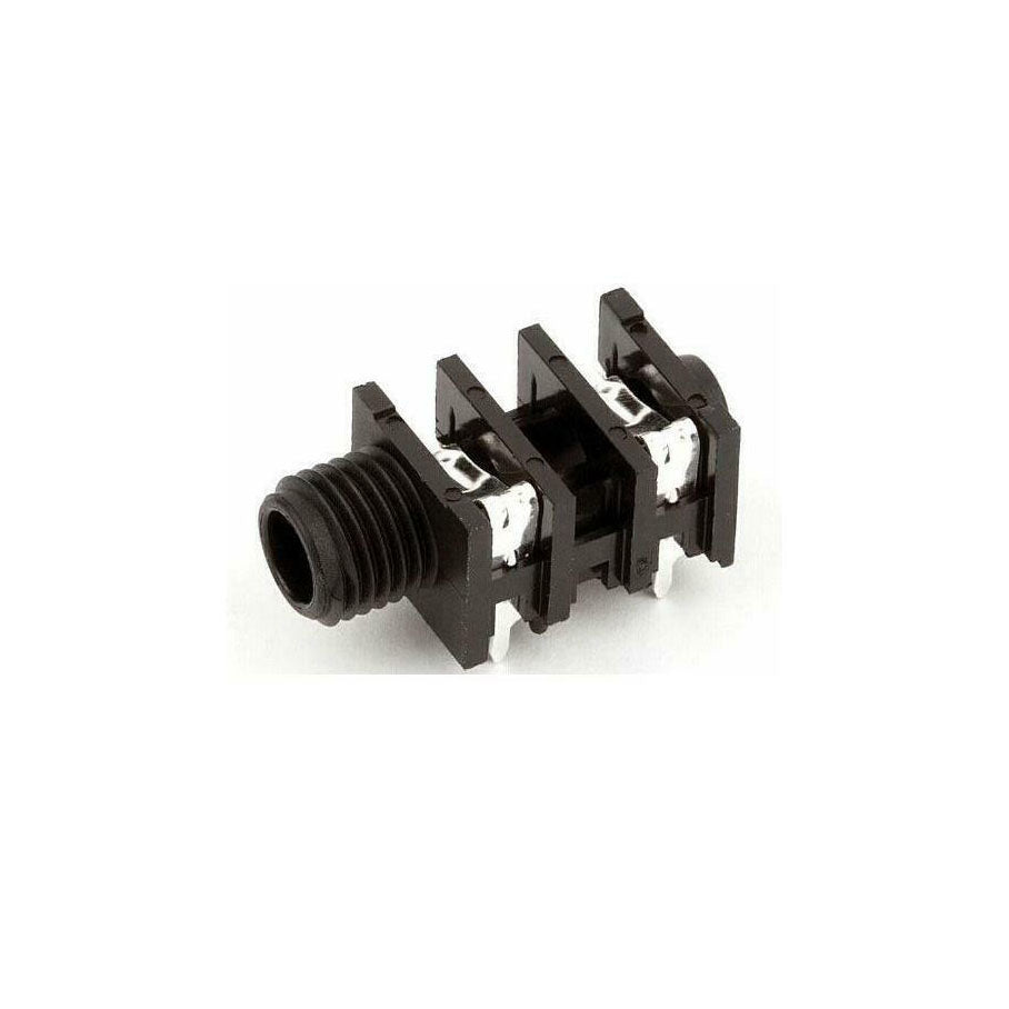 Black plastic 4-pin right-angle audio jack with metal connector contacts.