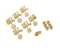 Set of six gold guitar tuning machines with bushings and screws on a white background.