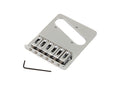 Silver metal guitar bridge plate with six saddles and a black hex L-shaped wrench on a white background.