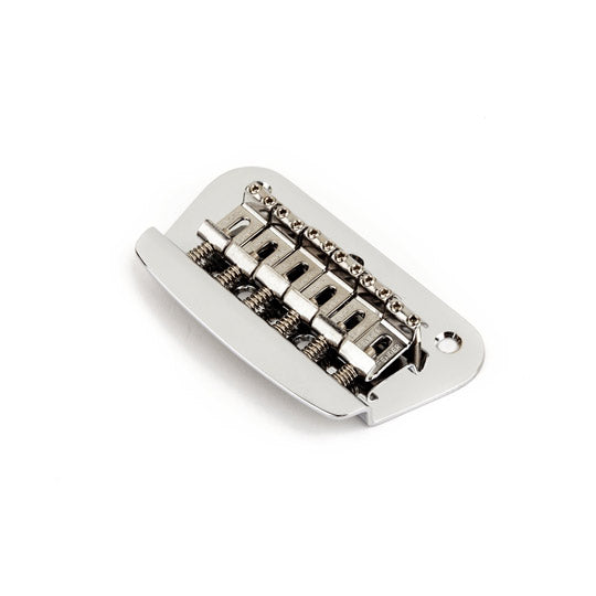 Chrome metal bridge assembly for a guitar with adjustable saddles and mounting hole.