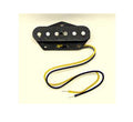 Black guitar pickup with six pole pieces and two wires with bare ends on a light background.