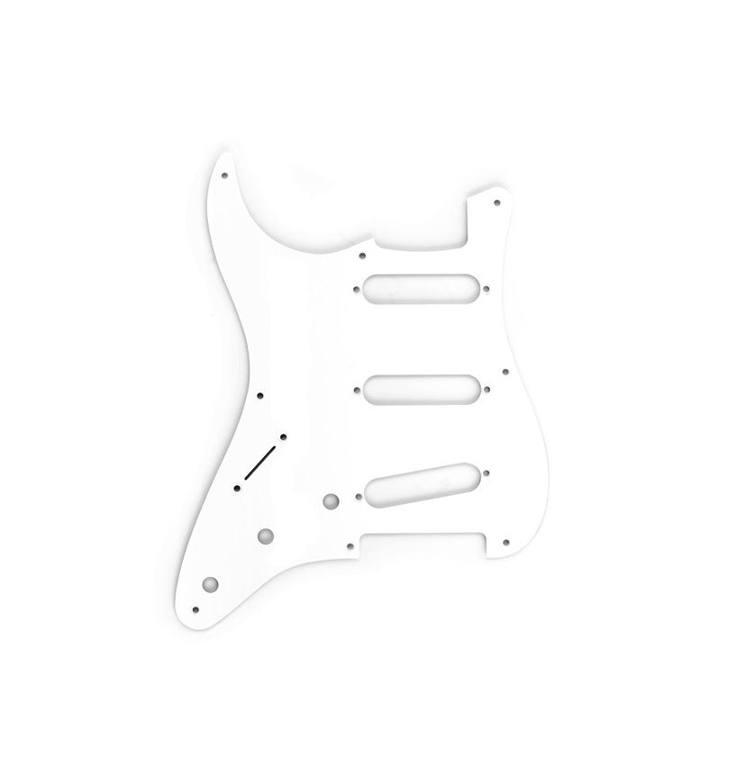 White guitar pickguard with multiple screw holes and three pickup slots.