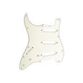 White guitar pickguard with eleven mounting holes and three pickup slots for a left-handed Stratocaster style guitar.