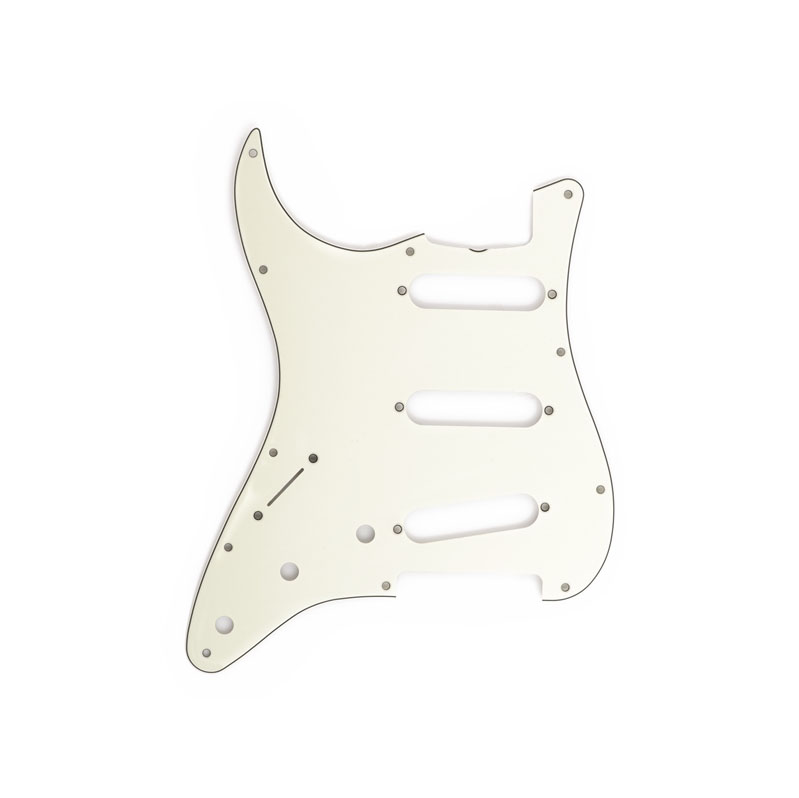 White guitar pickguard with eleven mounting holes and three pickup slots for a left-handed Stratocaster style guitar.