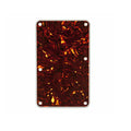 Rectangular dark red and yellow marbled plastic guitar backplate with six screw holes.