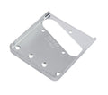 Silver metal guitar bridge plate with multiple screw holes and Fender branding text.
