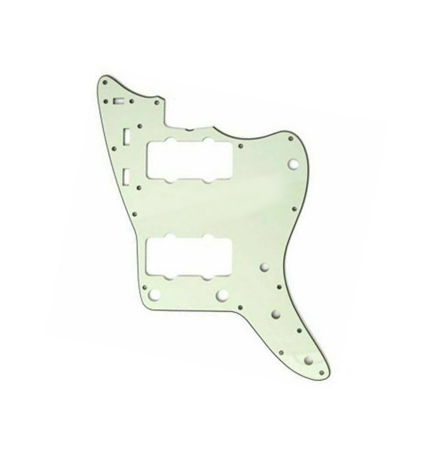 Light green guitar pickguard with mounting holes and cutouts on a white background.
