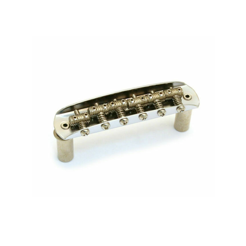 Silver metallic guitar bridge assembly with six adjustable saddles and springs.