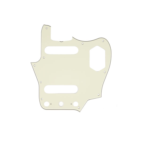 Off-white guitar pickguard with multiple cutouts on a white background.