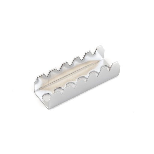 Chrome metal claw component with serrated edges and two circular holes on a white background.