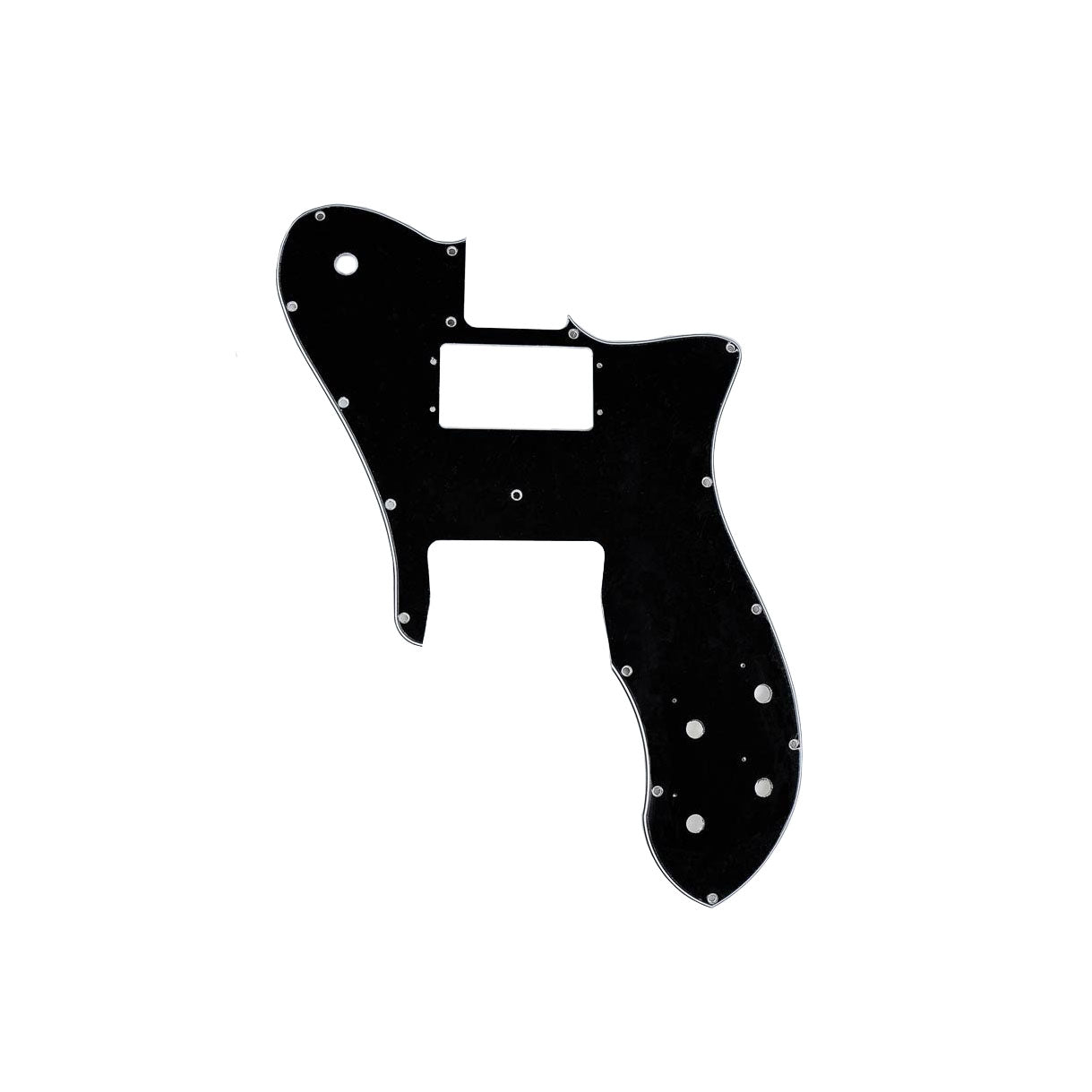 Black and white multi-hole guitar pickguard with a cutout for pickups and controls.