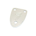 Chrome metal guitar neck plate with three bolt holes and embossed F logo.