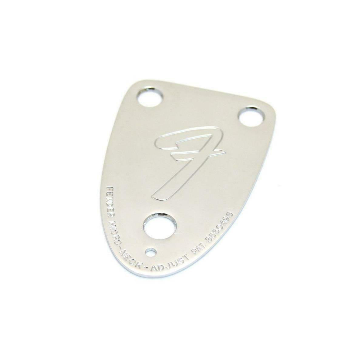 Chrome metal guitar neck plate with three bolt holes and embossed F logo.