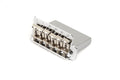 Chrome metal bridge assembly for a guitar with five adjustable saddles and mounting holes.