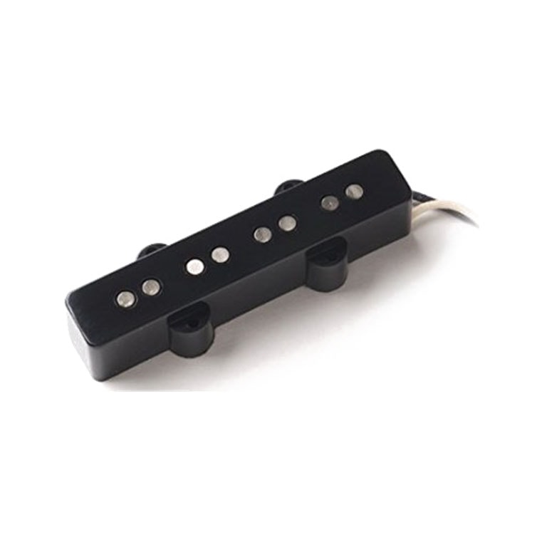 Black electric bass guitar pickup with six silver pole pieces and attached white wire.