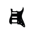 Black guitar pickguard with 11 holes and cutouts for pickups and controls on white background.