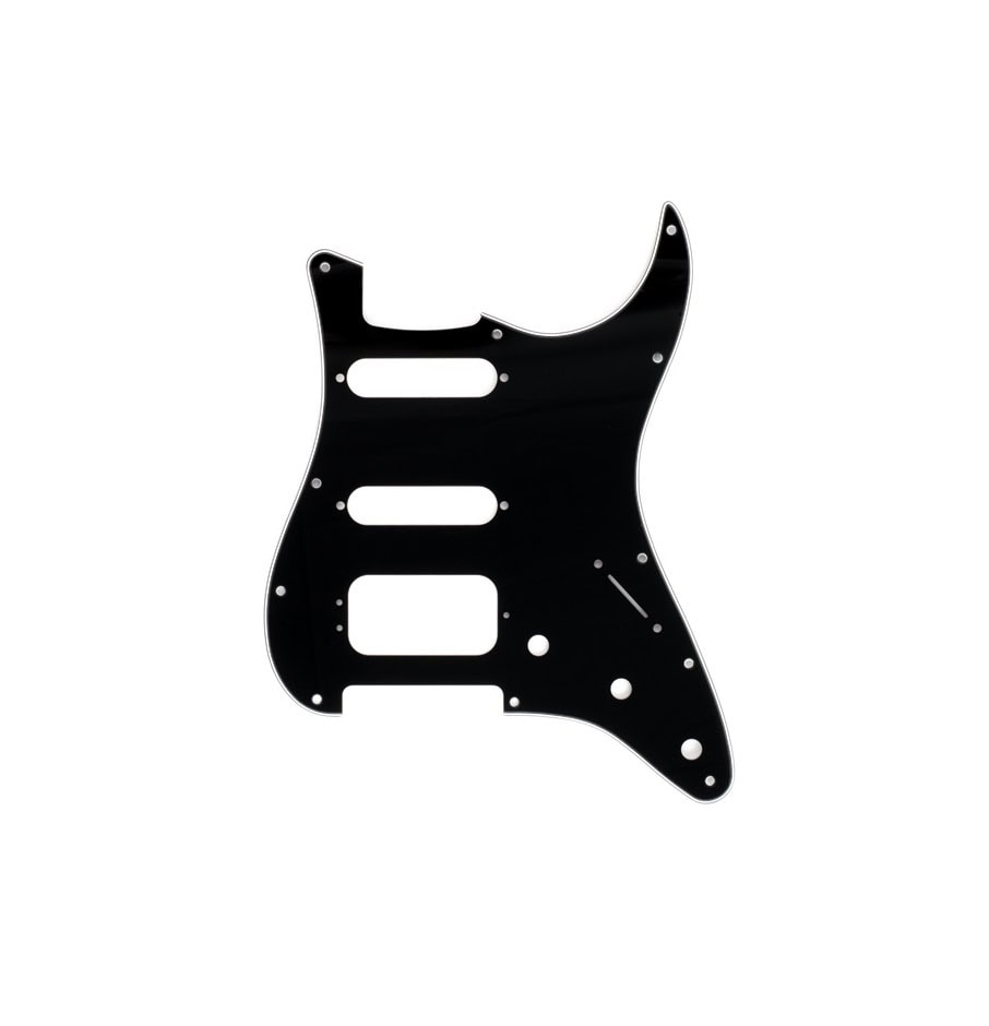 Black guitar pickguard with 11 holes and cutouts for pickups and controls on white background.
