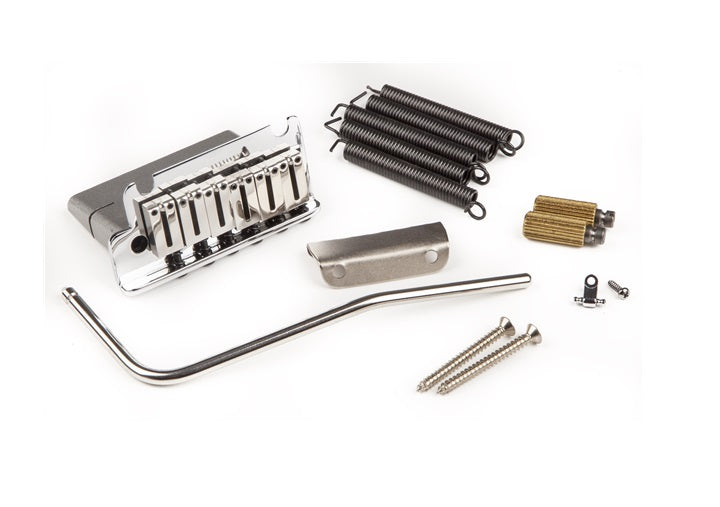 Guitar bridge assembly parts including bridge, springs, arm, screws, and small metal components on white background.