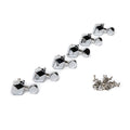 Six chrome guitar tuning pegs arranged in a row with screws and bushings on a white background.