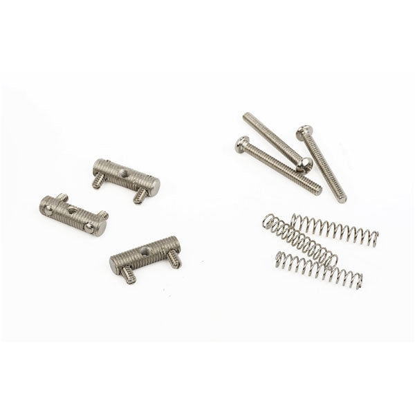 Three silver cylindrical threaded parts with side screws, three metal coil springs, and three screws on a white background.