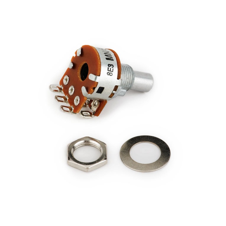 A rotary potentiometer with solder lugs, accompanied by a mounting nut and washer on a white background.