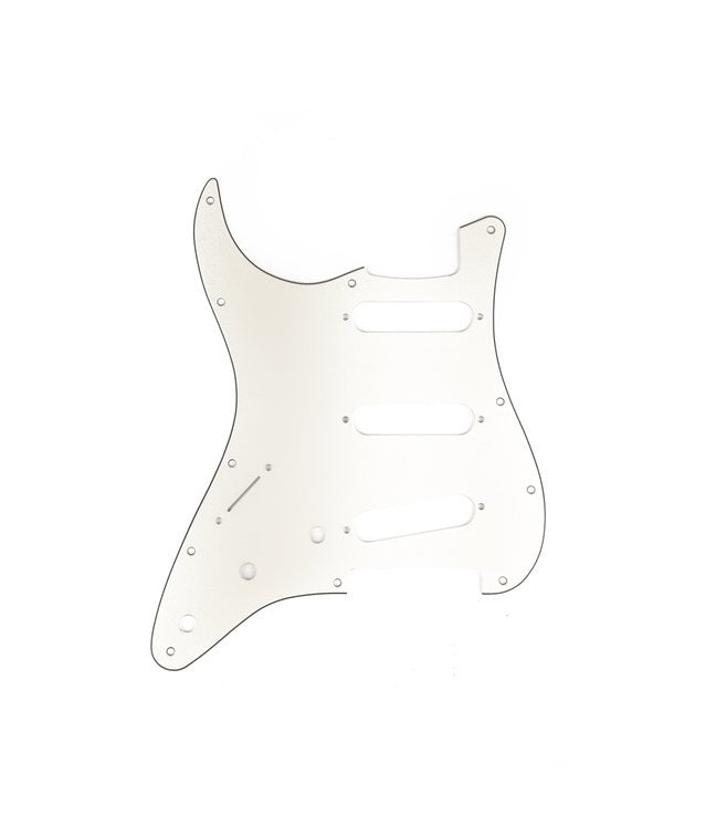 Single white or cream pickguard for a Stratocaster-style electric guitar with 11 mounting holes and three pickup slots.
