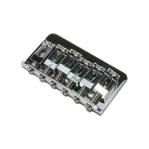 Chrome metal bridge assembly for a guitar with six adjustable saddles and screws.