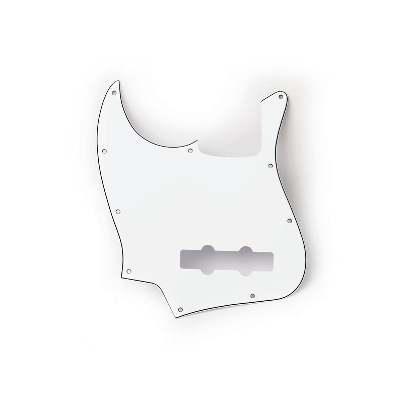 White guitar pickguard with 10 holes and cutouts for pickups on a plain white background.