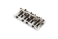 Silver metal four-string bass bridge assembly with adjustable saddles shown on a white background.