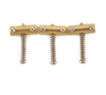 Three metallic gold and silver guitar bridge saddles with screws arranged in a row on a white background.